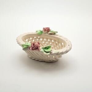 Vintage Ceramic Basket Weave Trinket Dish Pink Roses Cottagecore Vanity Decor
